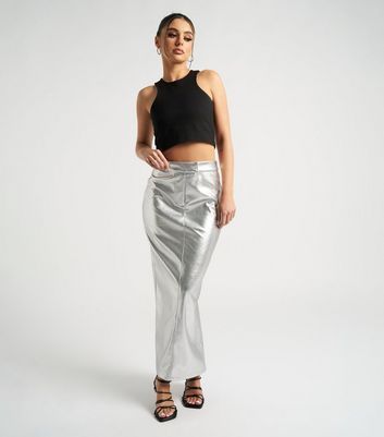 Silver Leather-Look Maxi Skirt New Look