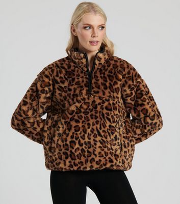 Brown Leopard Print Faux Fur Zip Neck Jumper New Look