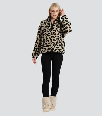 Brown Leopard Print Fleece Zip Neck Jumper New Look
