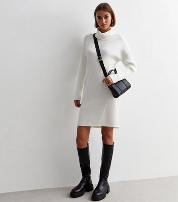Off White Ribbed Knit Roll Neck Mini Dress New Look