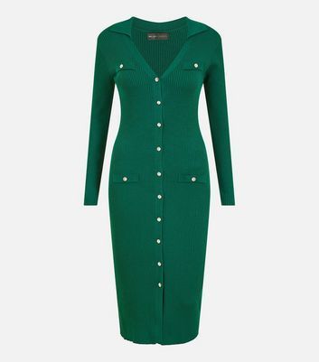 Dark Green Ribbed Jersey Button Front Midi Dress New Look