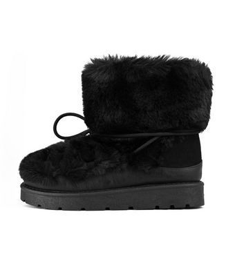 Black Faux Fur Lace Up Snow Boots New Look
