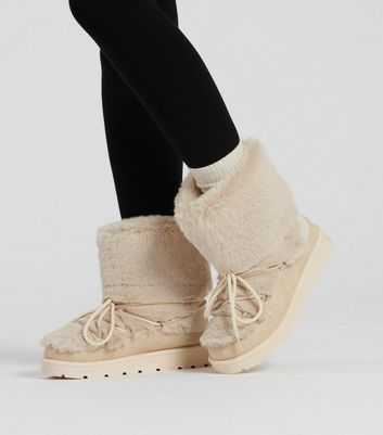 Cream Faux Fur Lace Up Snow Boots New Look