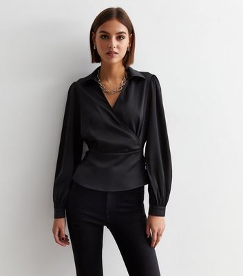 Black Collared Wrap Top New Look