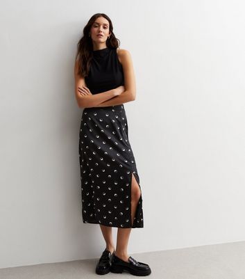 Black Satin Yin Yang Split Hem Midi Skirt New Look