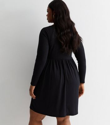 Curves Black Ribbed Jersey Button Front Mini Dress New Look