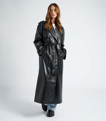 Black Leather-Look Belted Trench Coat New Look