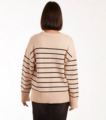 Stone Stripe Crew Neck Jumper New Look