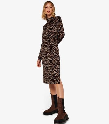 Brown Animal Print Belted Split Hem Midi Dress New Look