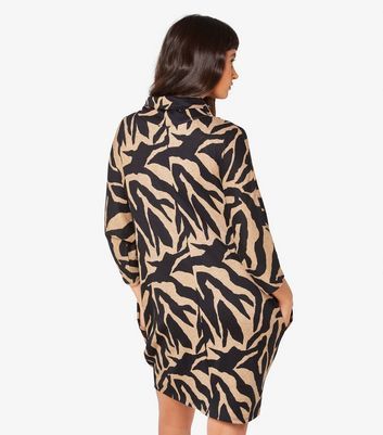 Brown Zebra Print Slouch Neck Mini Dress New Look