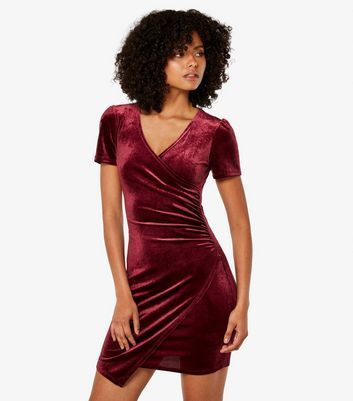 Burgundy Velvet Wrap Front Mini Dress New Look