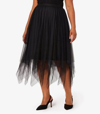 Curves Black Tulle Hanky Hem Midi Skirt New Look
