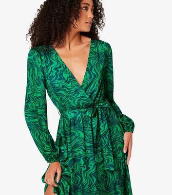 Green Swirl Print Satin Midi Wrap Dress New Look