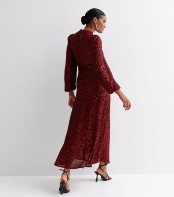 Burgundy Sequin Long Sleeve Midaxi Dress New Look