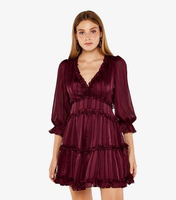Burgundy Glitter Tiered Mini Dress New Look