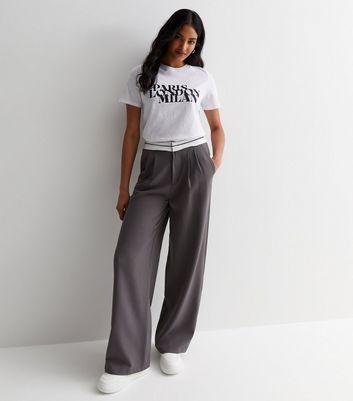 Grey Contrast Waistband Wide Leg Trousers New Look