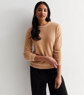 Stone Fluffy Knit Crew Neck Jumper New Look