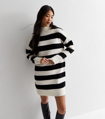 Off White Stripe Knit High Neck Mini Dress New Look