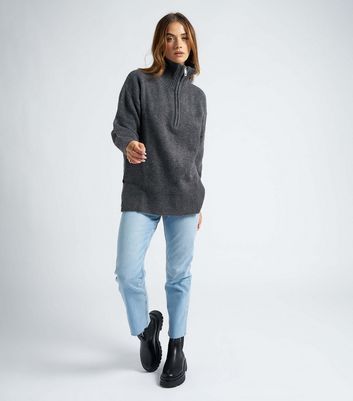 Dark Grey Knit Zip Neck Oversized Sweatshirt New Look