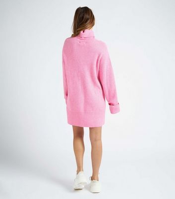 Mid Pink Ribbed Knit Roll Neck Mini Dress New Look
