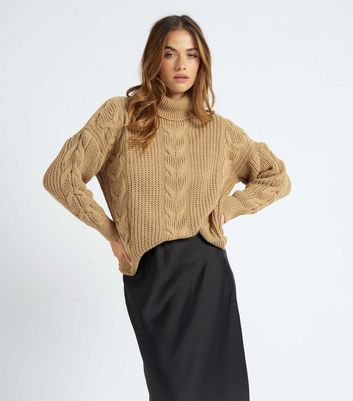 Camel Cable Knit Roll Neck Jumper New Look