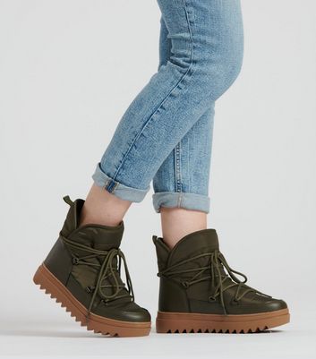 Khaki Lace Up Snow Boots New Look