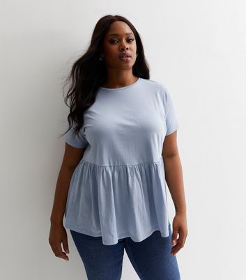 Curves Pale Blue Cotton Short Sleeve Peplum Top New Look