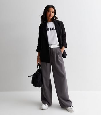 Petite Grey Contrast Waistband Trousers New Look