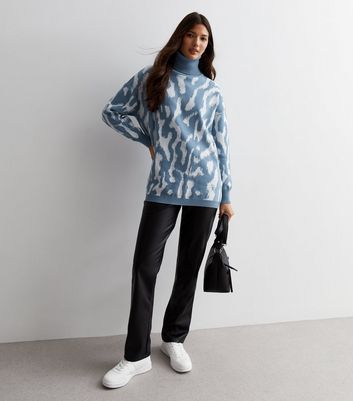 Blue Abstract Print Roll Neck Jumper New Look