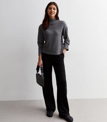 Tall Grey Cable Knit High Neck Boxy Jumper New Look