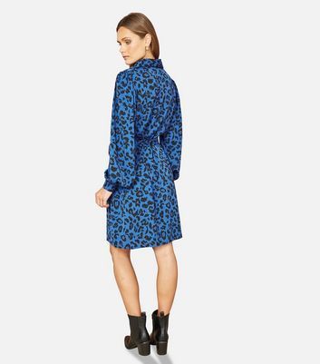 Blue Leopard Print Belted Mini Shirt Dress New Look