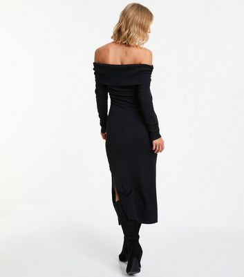 Black Ribbed Bardot Midi Dress New Look