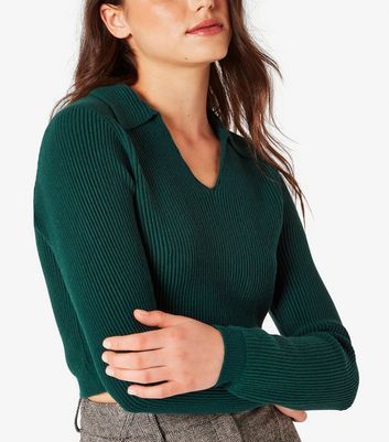 Green Ribbed Collared Crop Jumper New Look