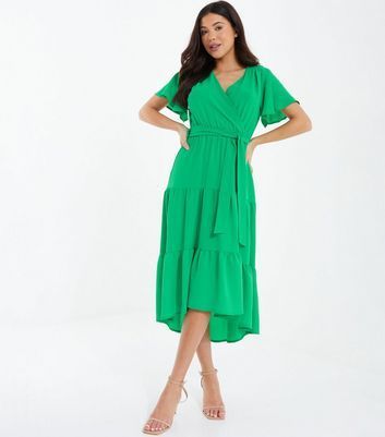 Green Tiered Midi Wrap Dress New Look