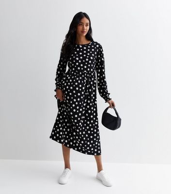 Black Polka Dot Midi Smock Dress New Look