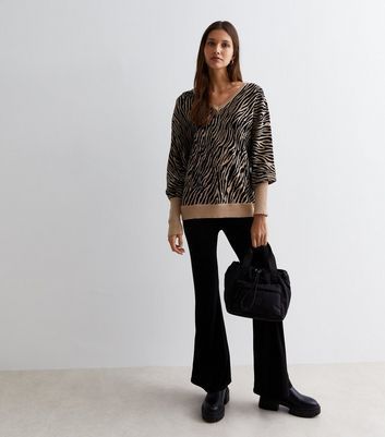 Stone Zebra Print V Neck Jumper New Look