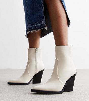 Cream Leather-Look Pointed Block Heel Ankle Boots New Look