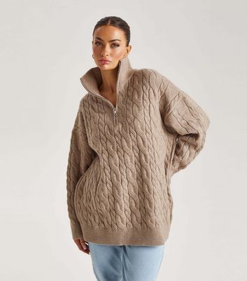 Light Brown Cable Knit Zip Neck Jumper New Look