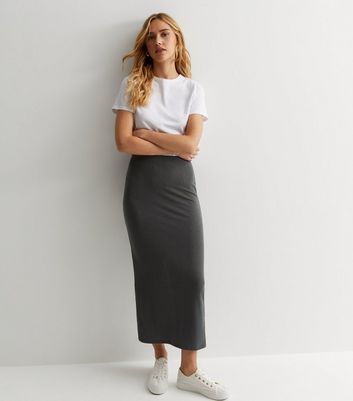 Dark Grey Ribbed Jersey Midi Skirt New Look