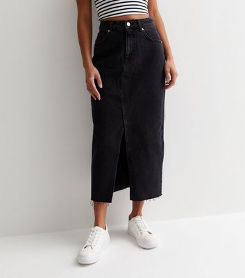 Petite Black Denim Midi Skirt New Look
