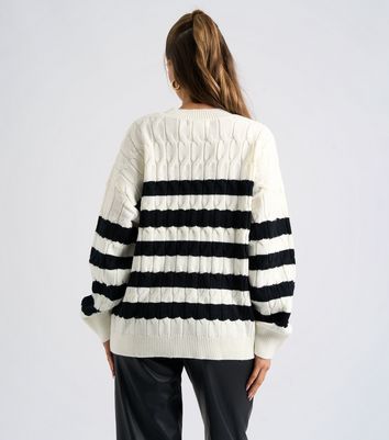 Off White Stripe Cable Knit Jumper New Look