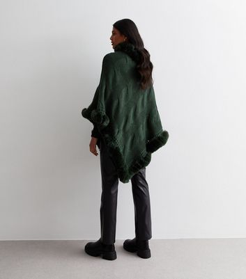 Green Knit Faux Fur Trim Cape New Look