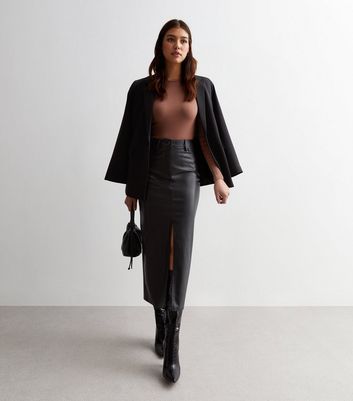 Tall Black Leather-Look Split Hem Midi Skirt New Look