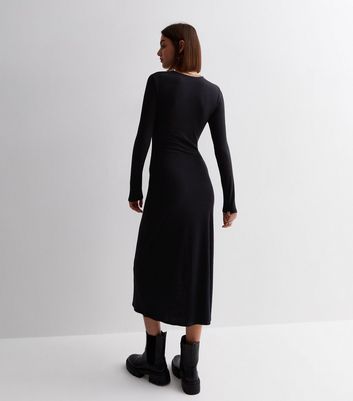 Black Ribbed Jersey Ruched Side Midi Dress New Look