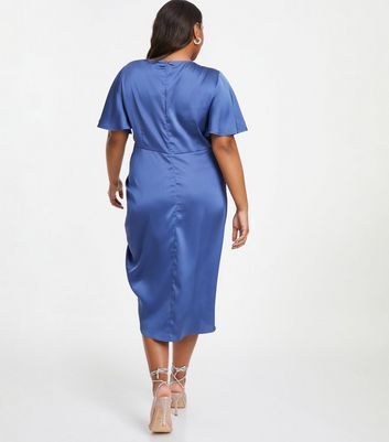 Curves Blue Satin Ruched Wrap Midi Dress New Look