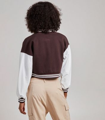 Dark Brown Contrast Sleeve Baseball Jacket New Look