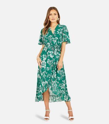 Green Floral Frill Midaxi Wrap Dress New Look