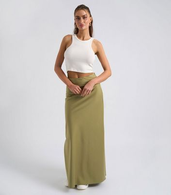 Khaki Satin Maxi Skirt New Look