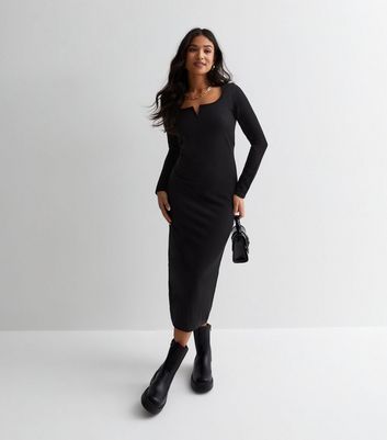Petite Black Ribbed Jersey Long Sleeve Midi Dress New Look