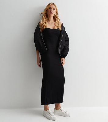 Black Ribbed Jersey Strappy Split Hem Midi Dress New Look
